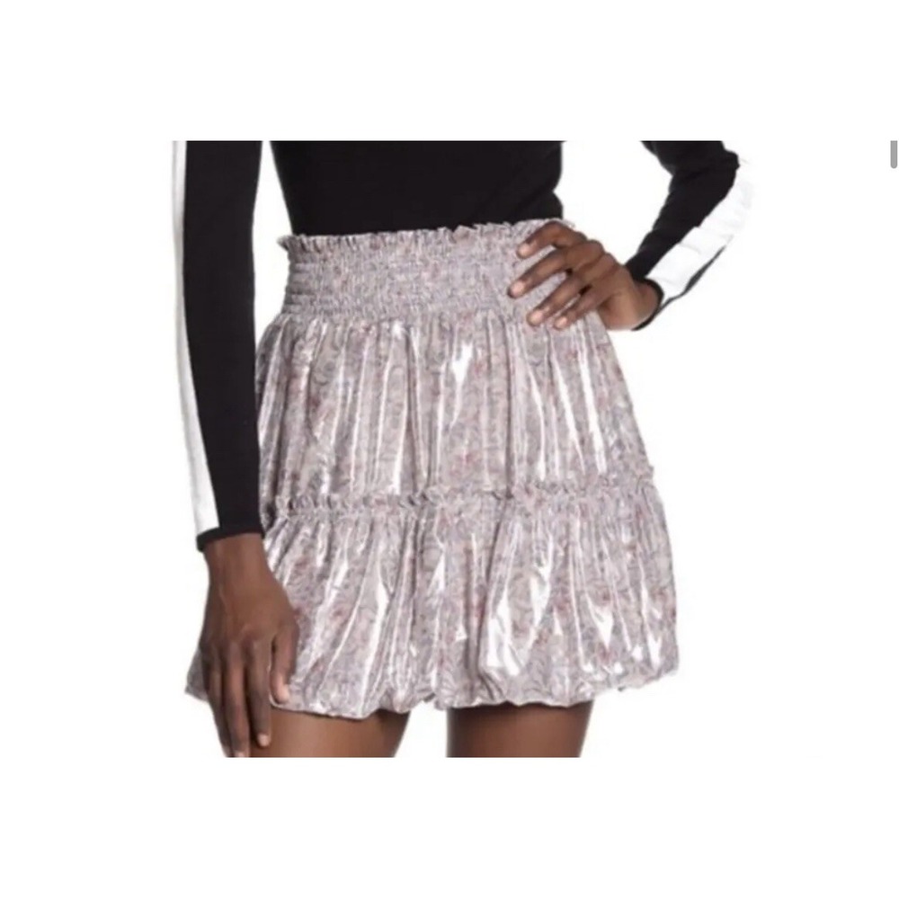Free People Bubble Satin Ruffle‎ Floral Print Pink Lavender Mini Skirt S AK107